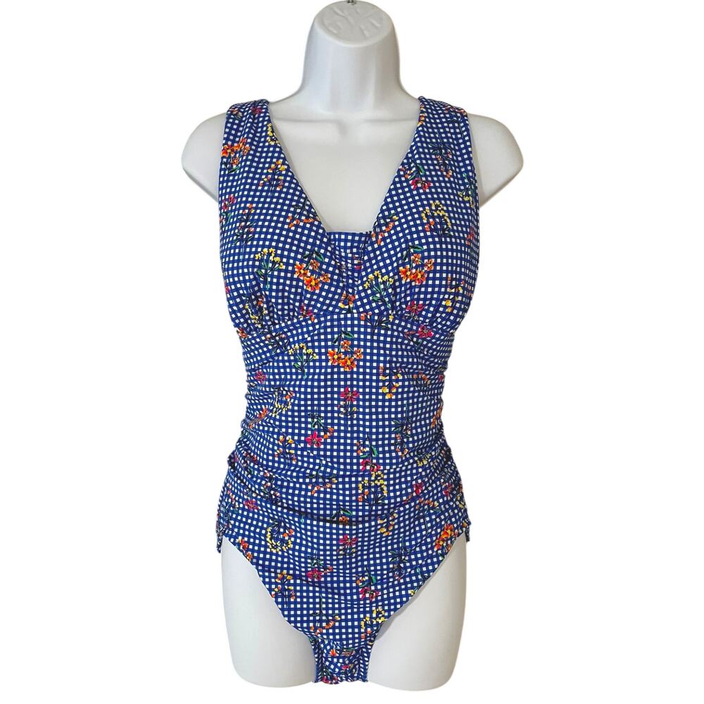 LANDS END Blue Gingham Floral Swimsuit One Piece Swim Size 18 Padded Womens Plus